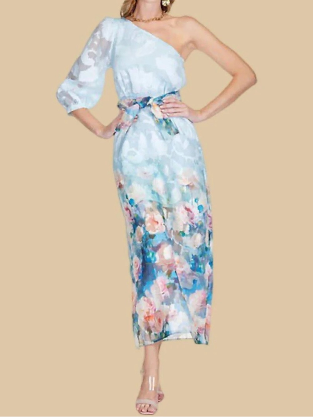 One-Shoulder Blue Floral Midi Dress with Tie Waist